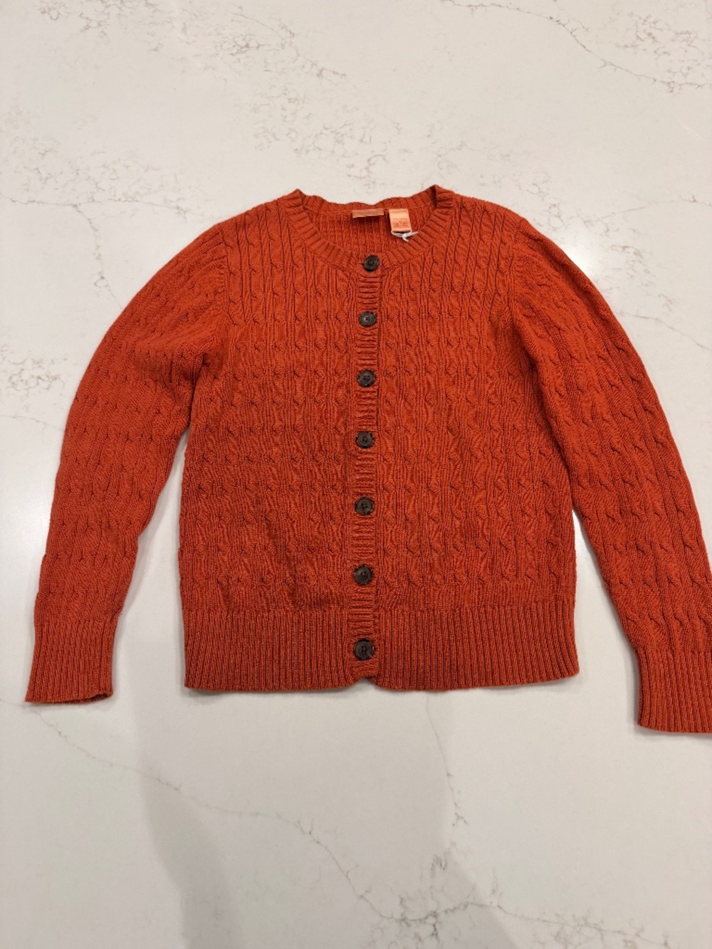 Vintage NorthCrest Orange Cable Knit Cardigan Sweater Girls M 10-12 100% Cotton